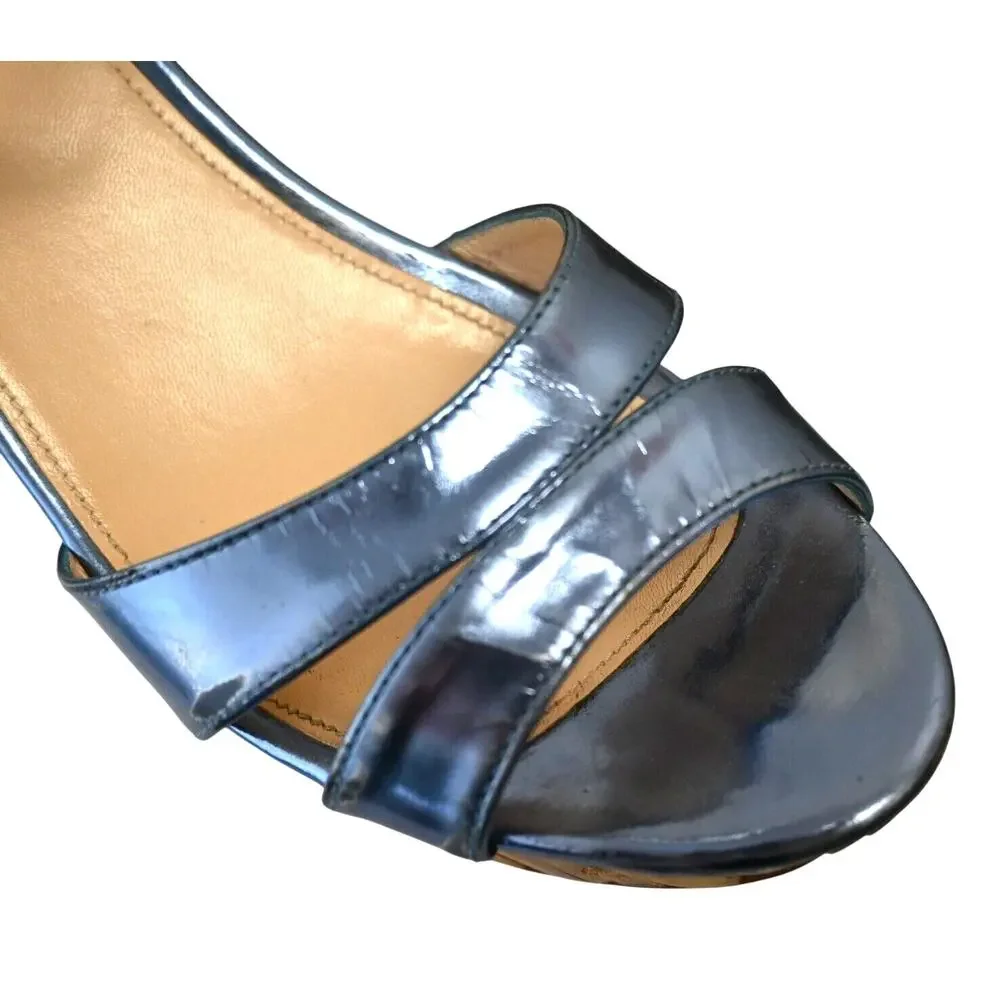 Prada Blue Metallic Leather Bamboo Wedge Platform Sandals Size 39